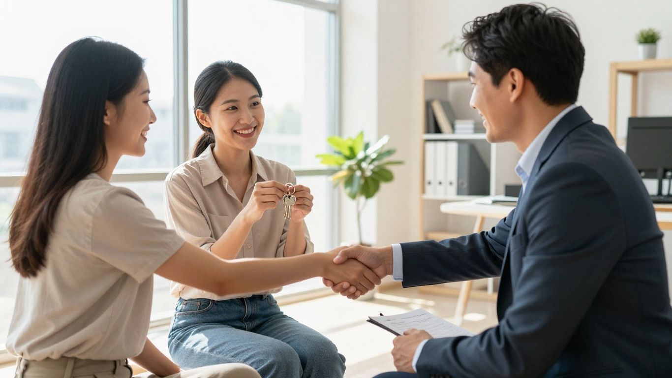 Mortgage broker shaking hands with a happy couple.