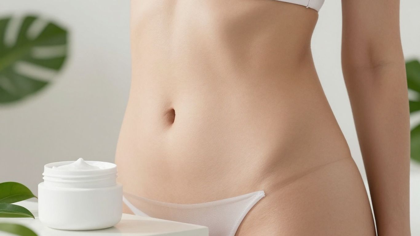 Smooth skin with stretch mark cream jar and green leaves