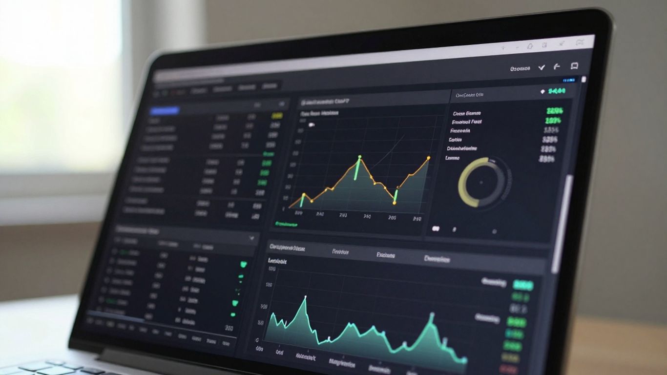 Laptop screen with data and charts.