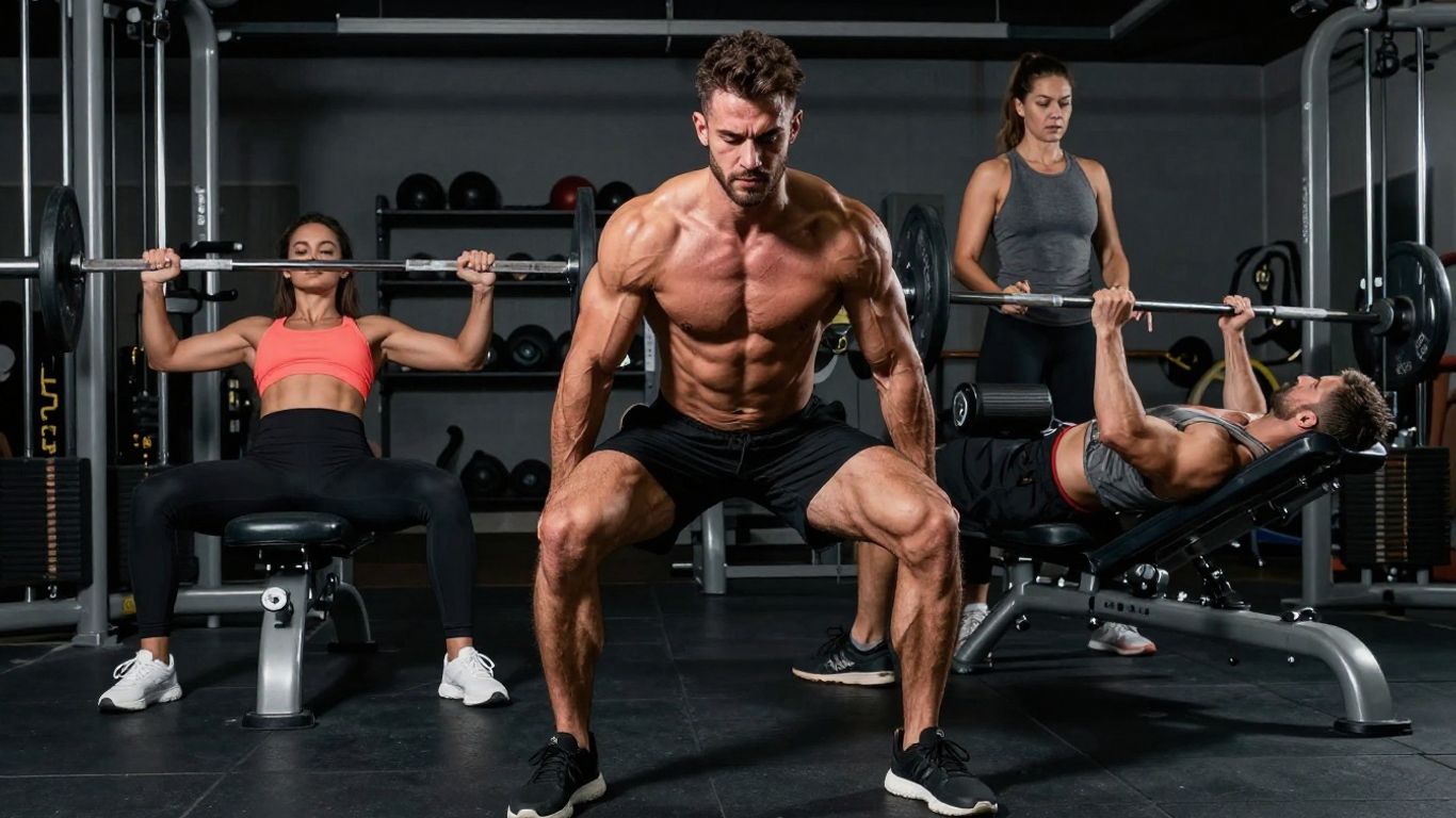 Man deadlifting, woman bench pressing, person leg pressing.