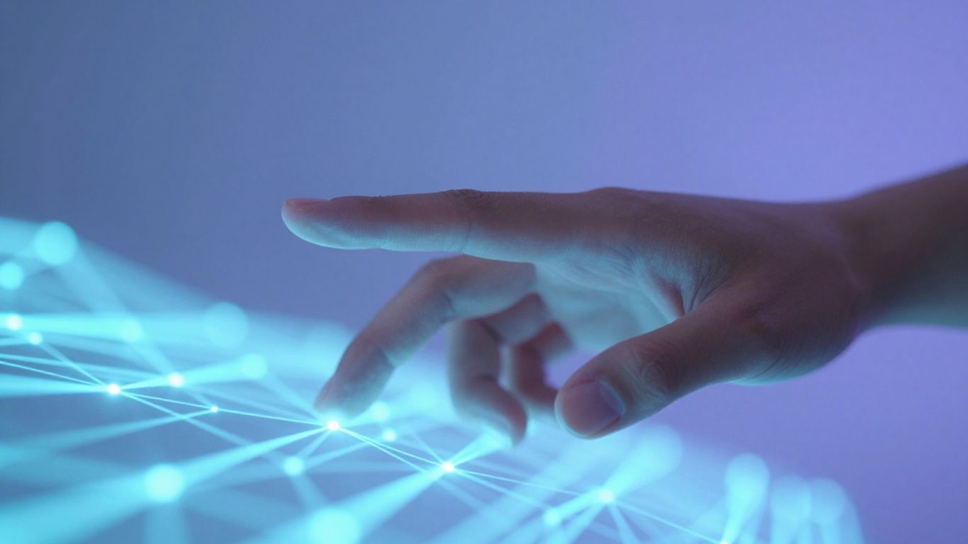 Human hand interacting with digital network