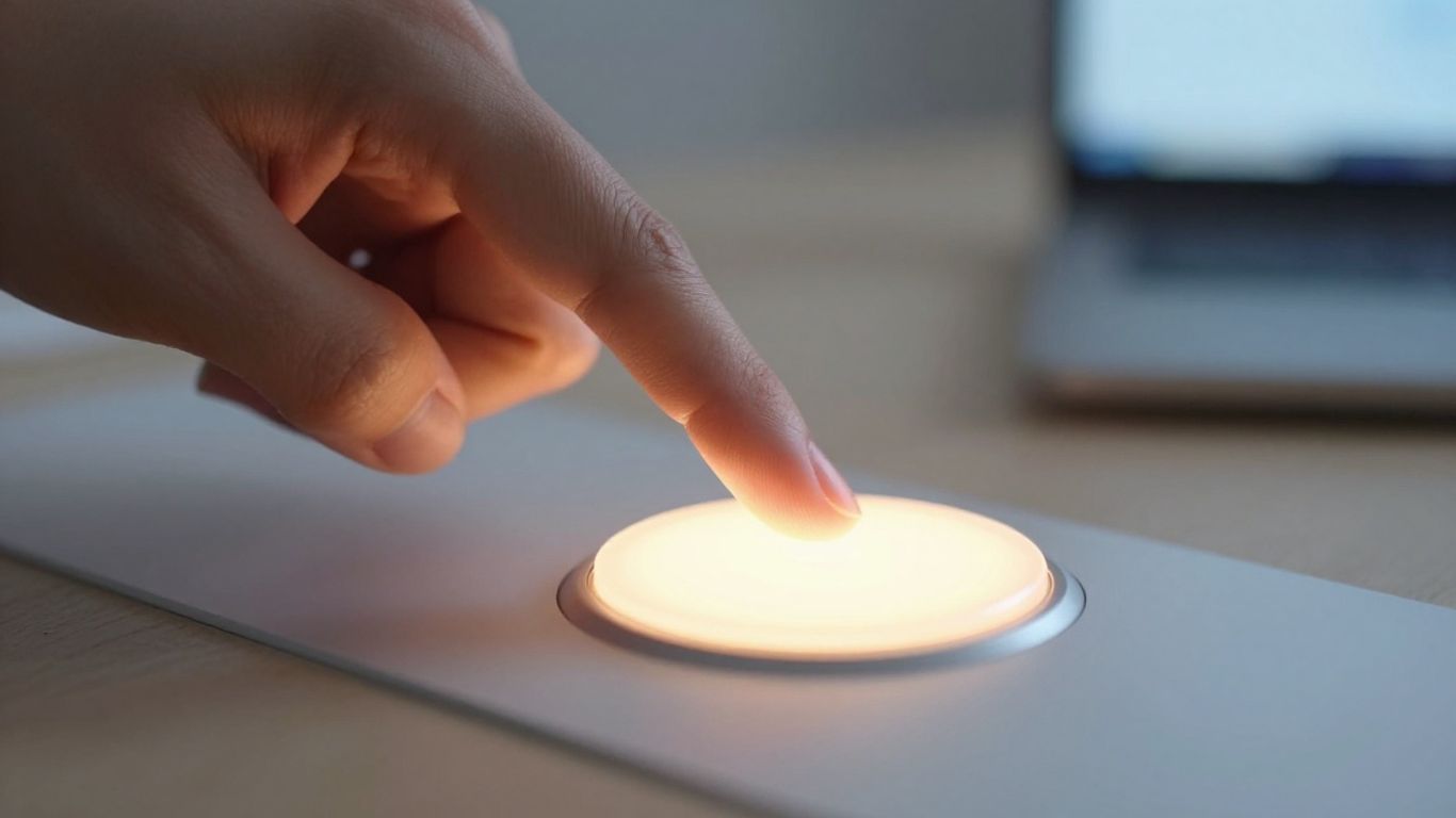 Hand pressing a glowing button on a productivity timer.