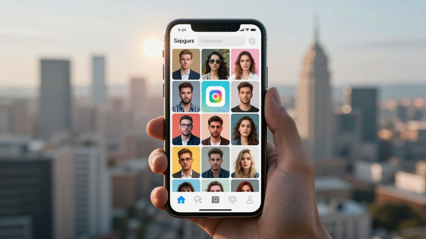 Tela de smartphone com ícones de aplicativos populares e fundo urbano.