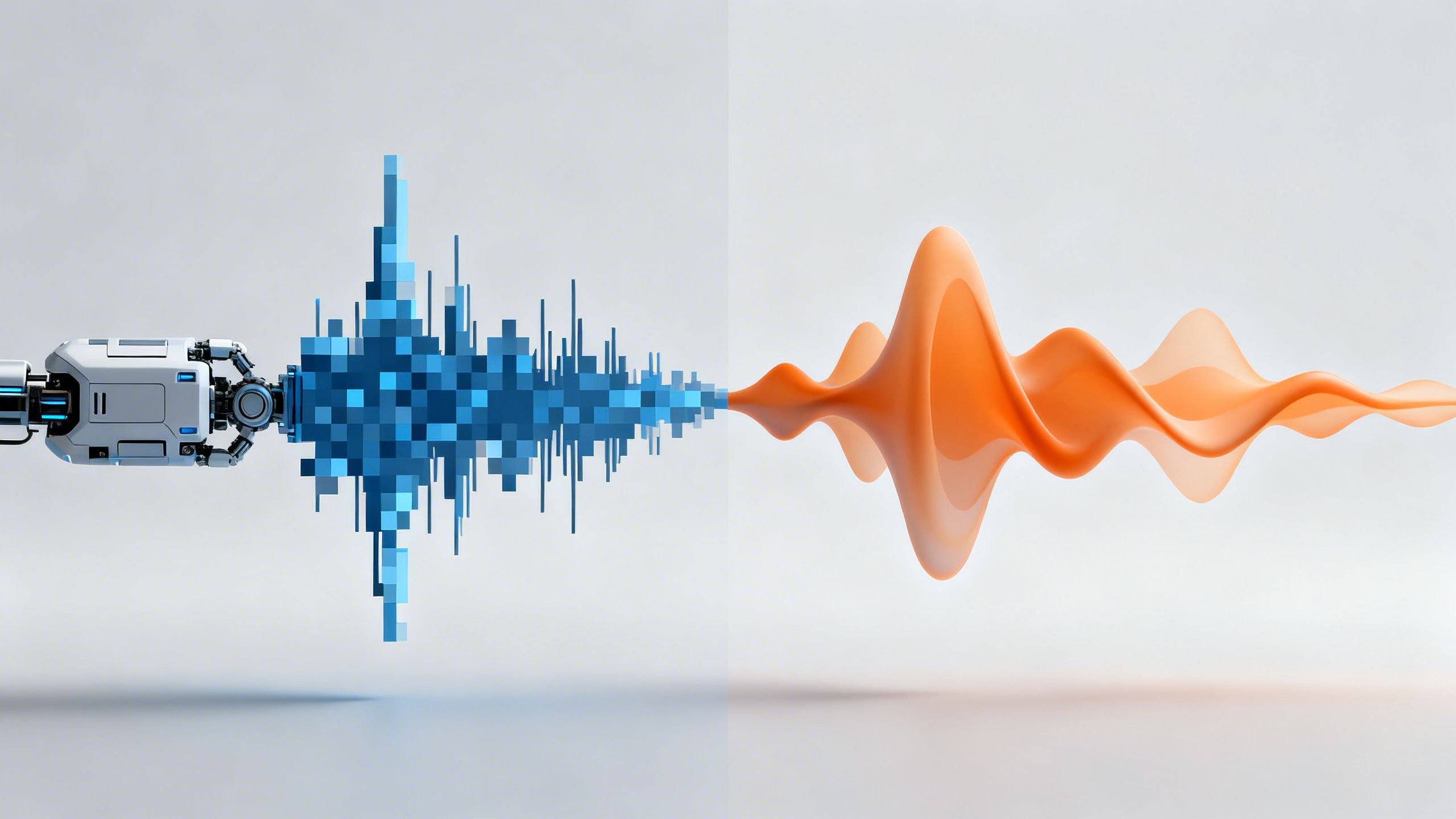 A visual comparison between a robotic, pixelated soundwave and a smooth, organic, human-like soundwave, symbolizing the improvement in LLM-based text-to-speech.