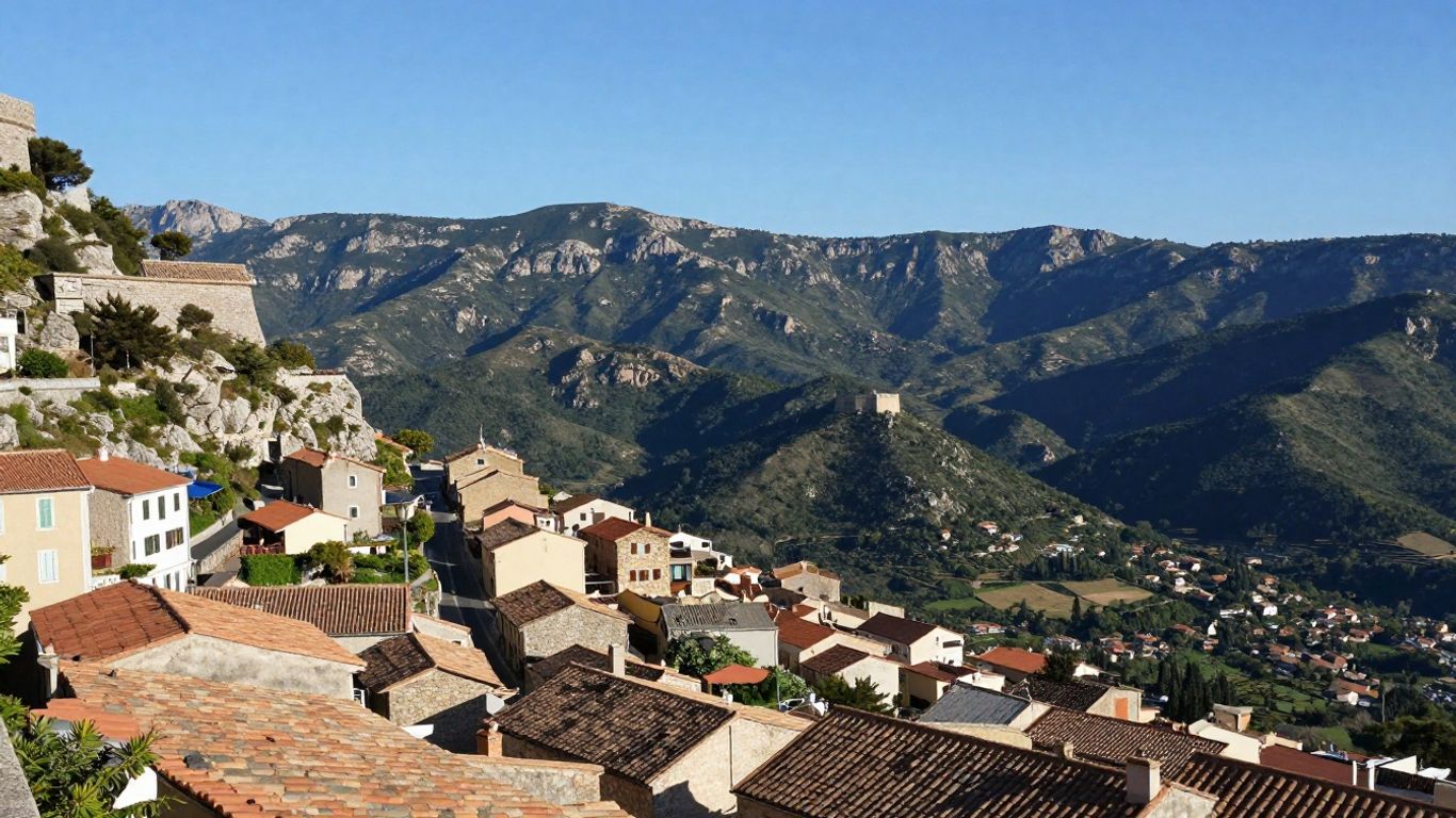 Corte rooftops beneath rugged Corsican mountains