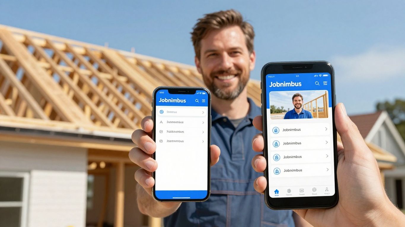 Contractor using Jobnimbus app on a rooftop project.
