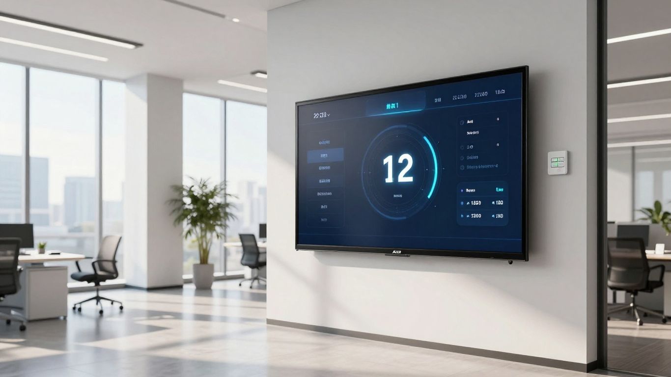 Bâtiment moderne avec interface de thermostat numérique.