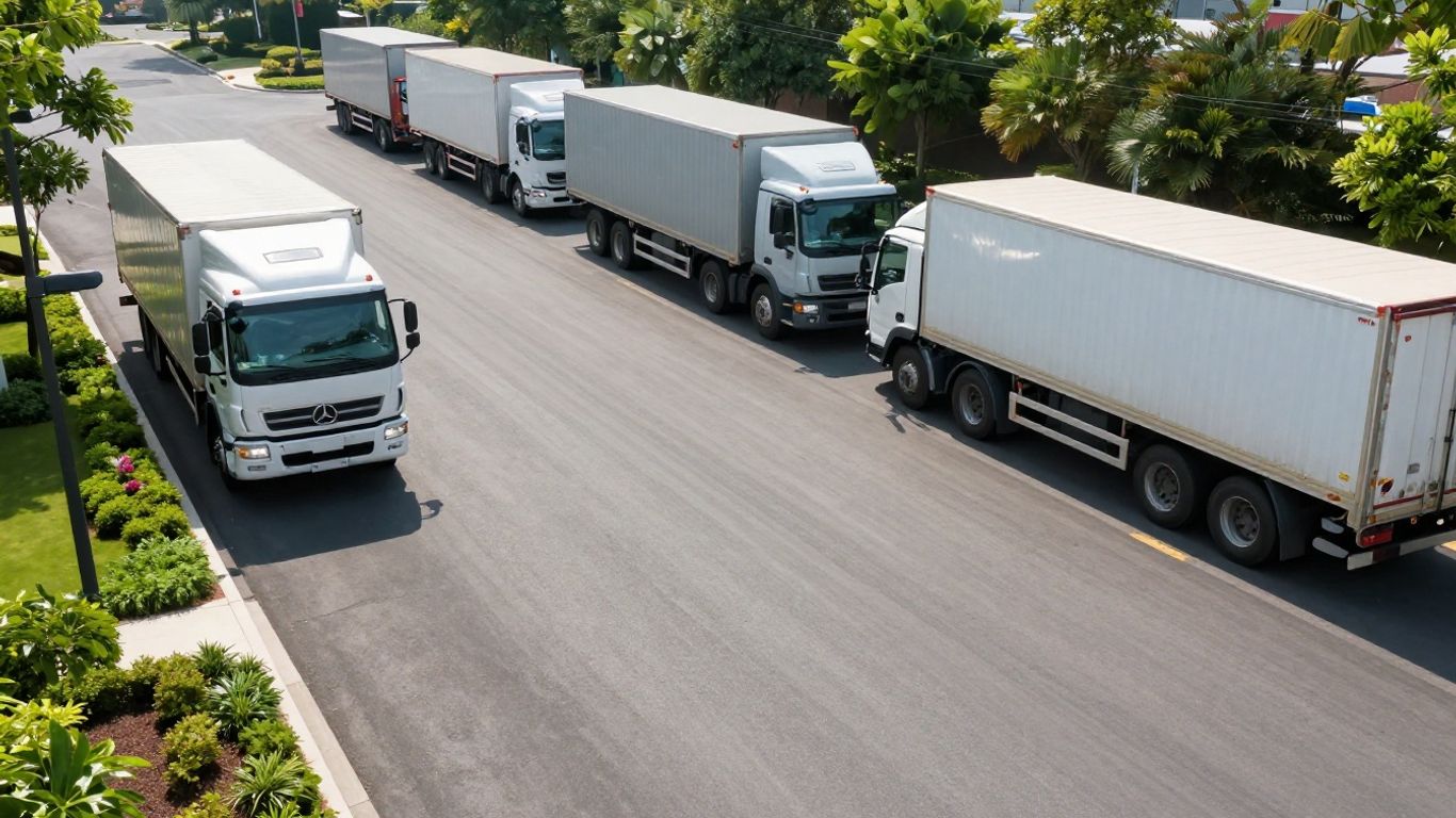 Commercial driveway with trucks and landscaping.