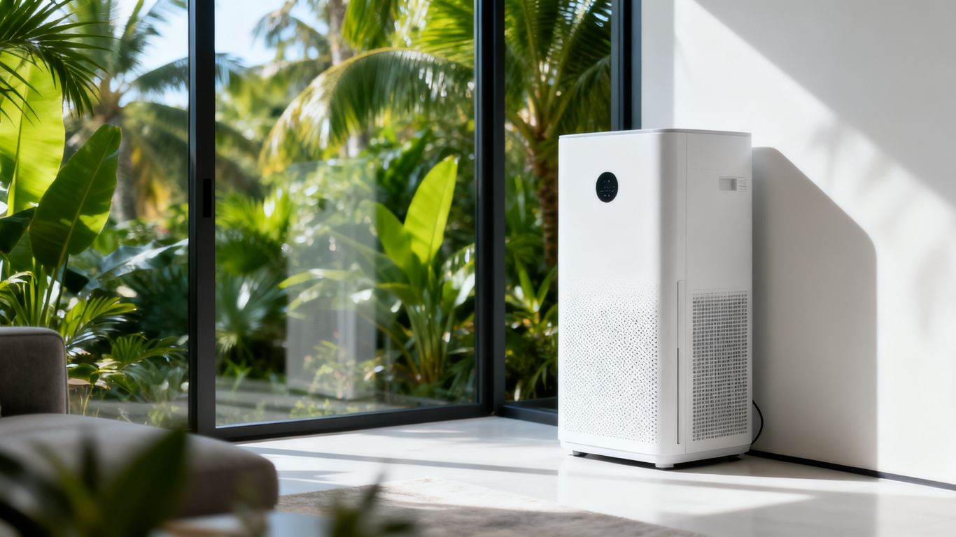 A modern living room with a sleek white dehumidifier