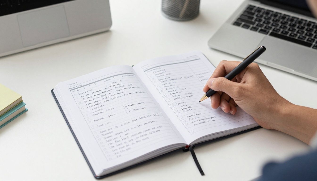 A diverse high-performing professional calmly capturing tasks in a notebook and digital planner at a bright organized desk, with subtle visual cues of clarity and focus, no text or letters