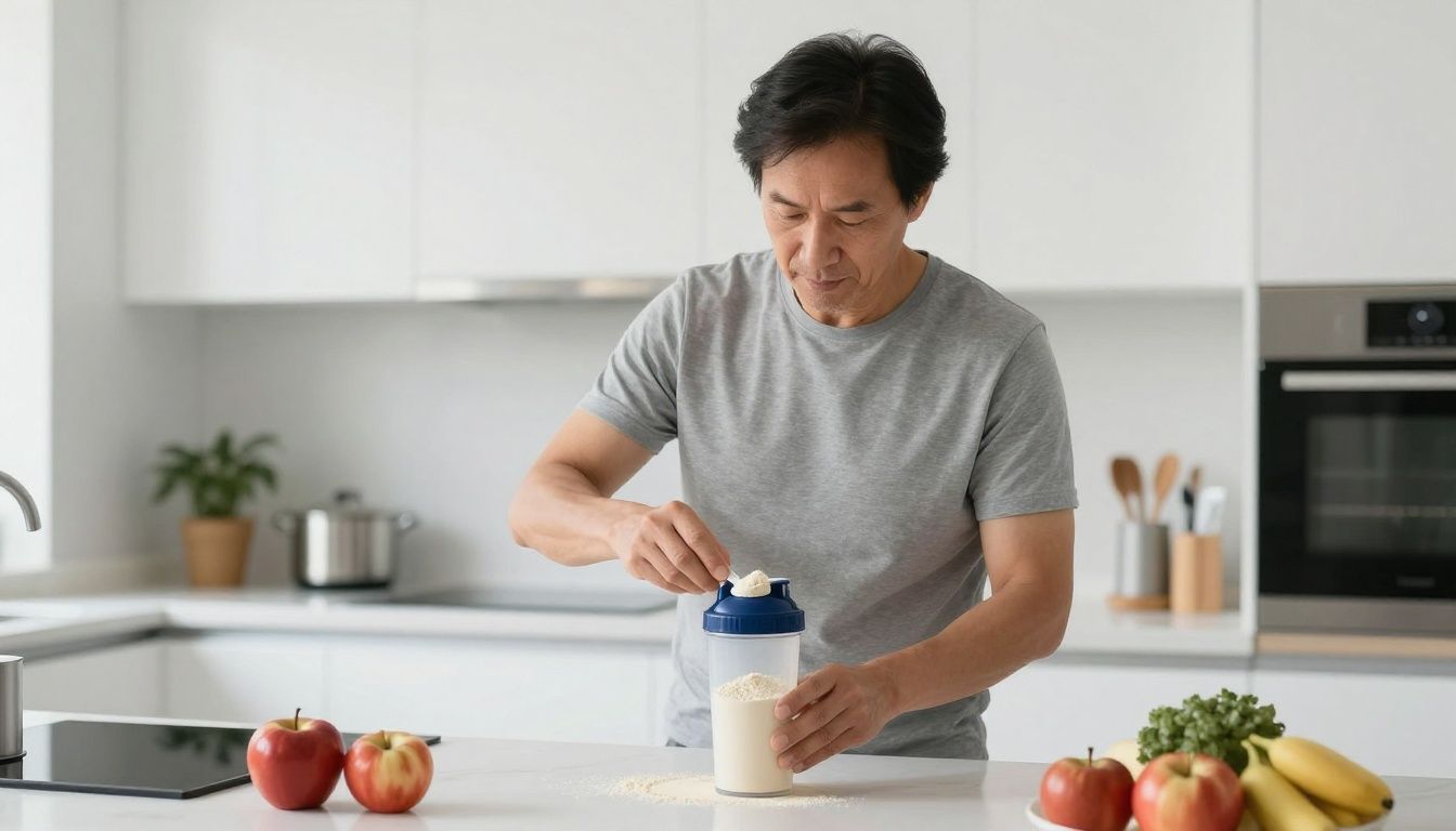 A man in his 40s with a focused expression measures a scoop of protein powder into a shaker bottle in a bright, modern kitchen.