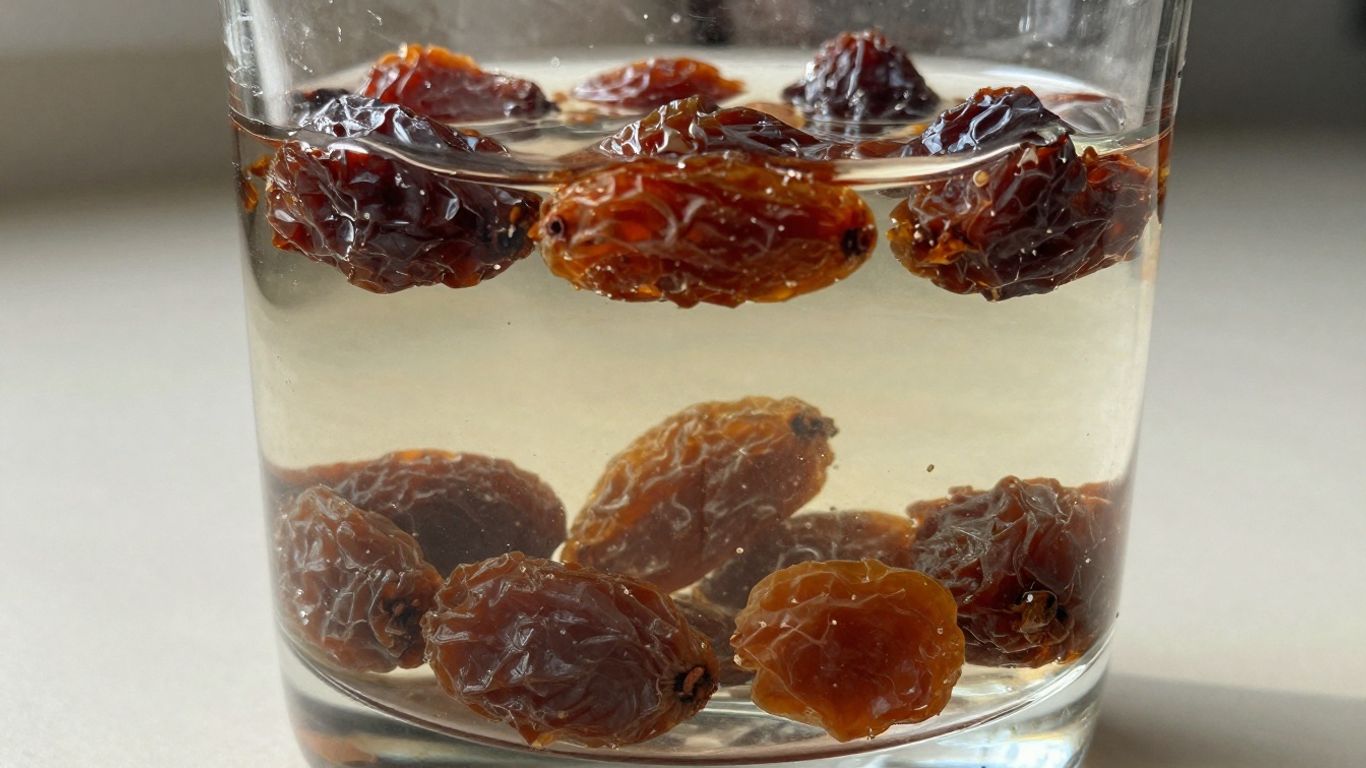 Glass of raisin water with raisins soaking inside.