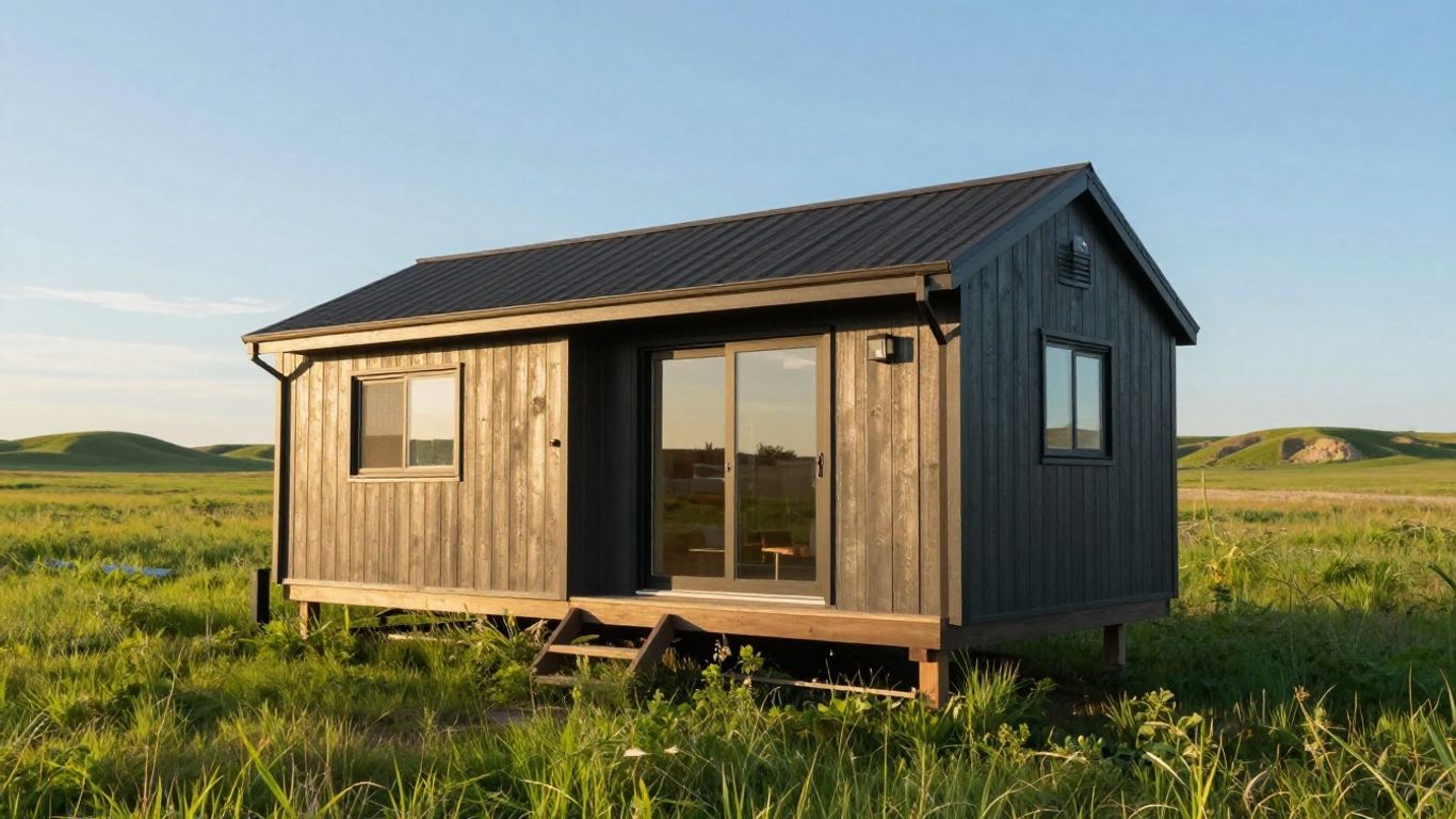 South Dakota tiny house in a sunny, green landscape.