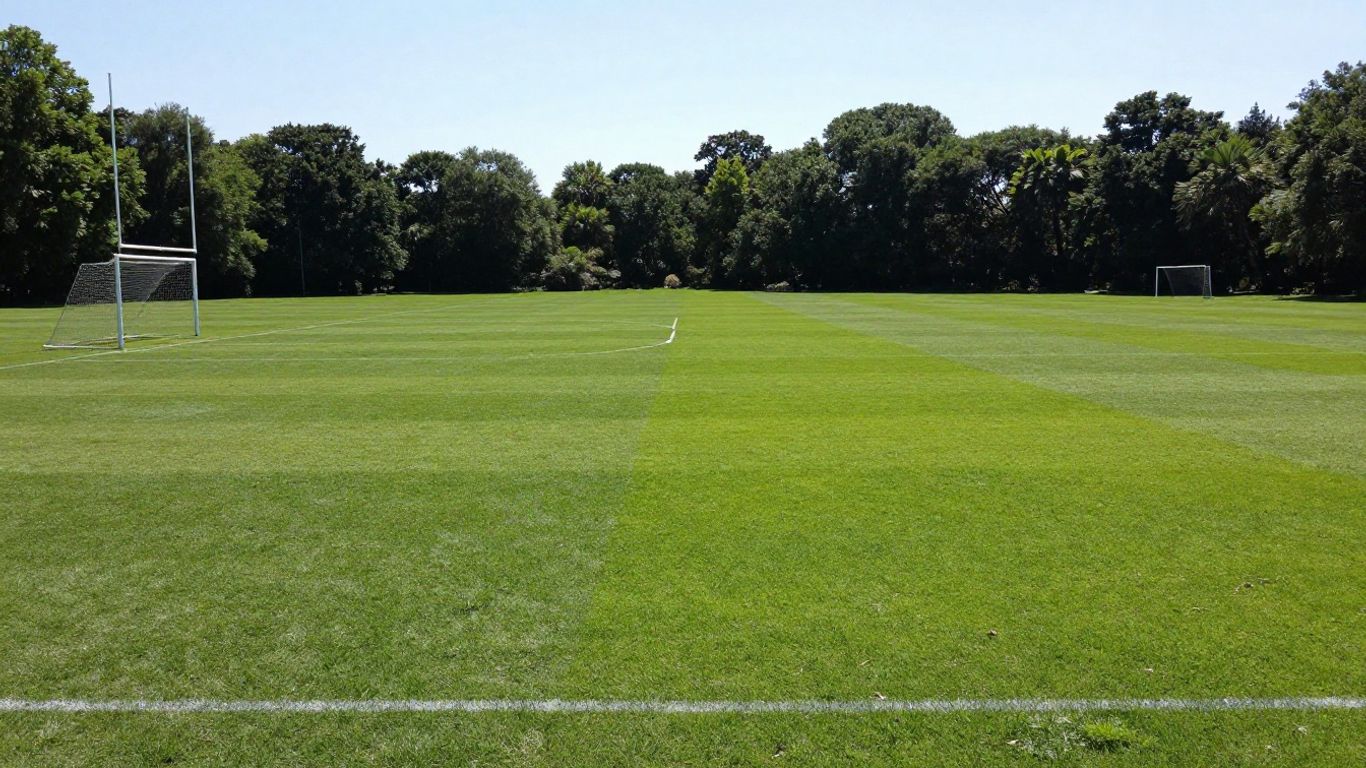 Green sports field with goalposts under a clear sky.