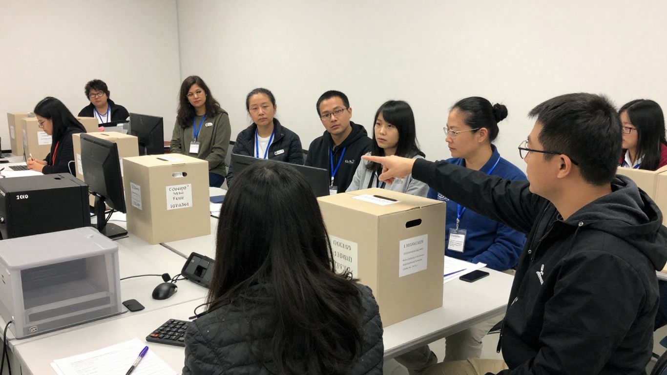 Election workers training session with ballot box and voting booths.
