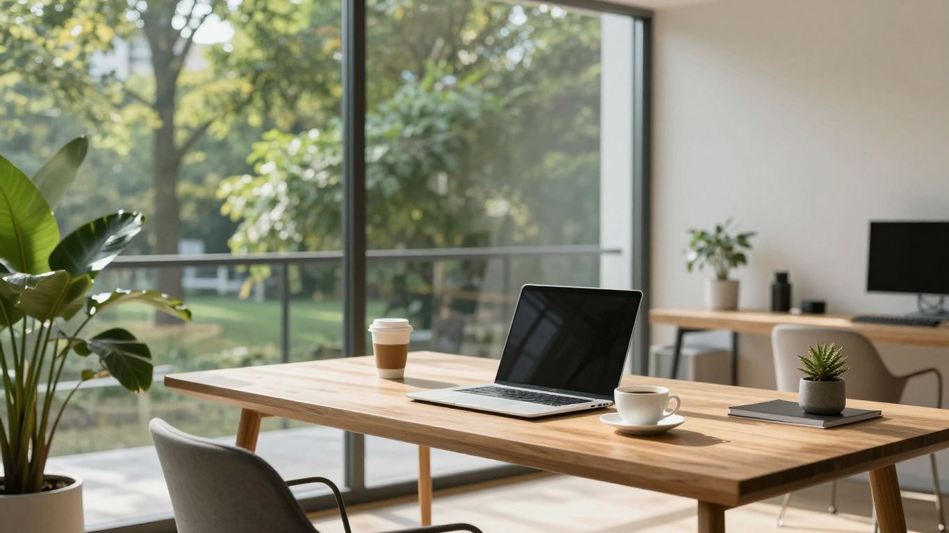 A modern home office in a sunny apartment