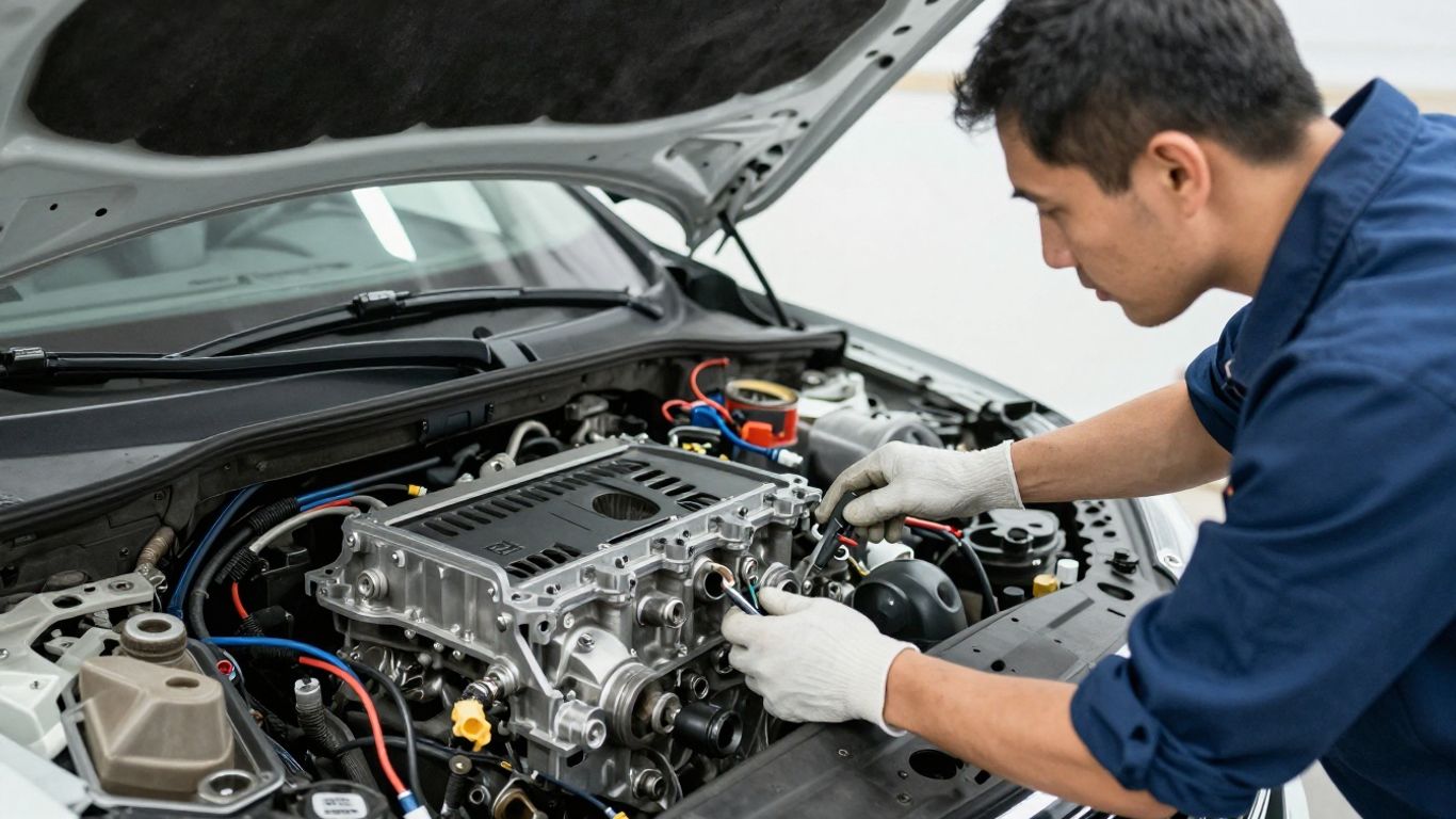 Mechanic comparing replacement engine components