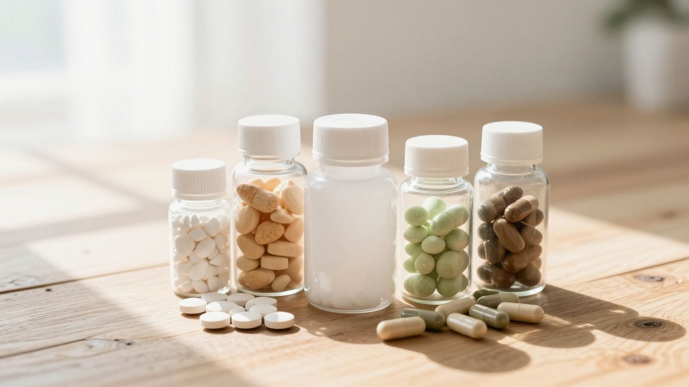 A diverse array of mineral supplement bottles and tablets