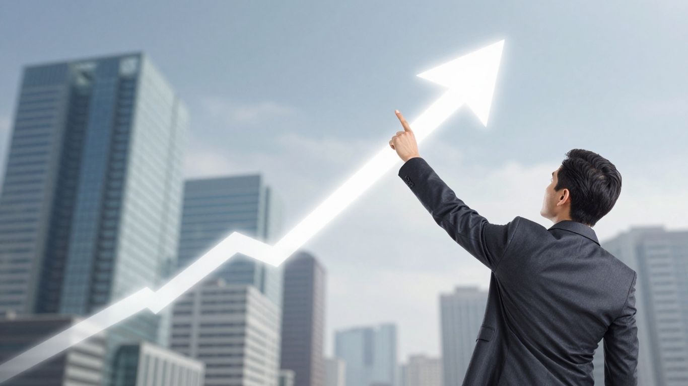 Business professional pointing at upward growth trajectory.