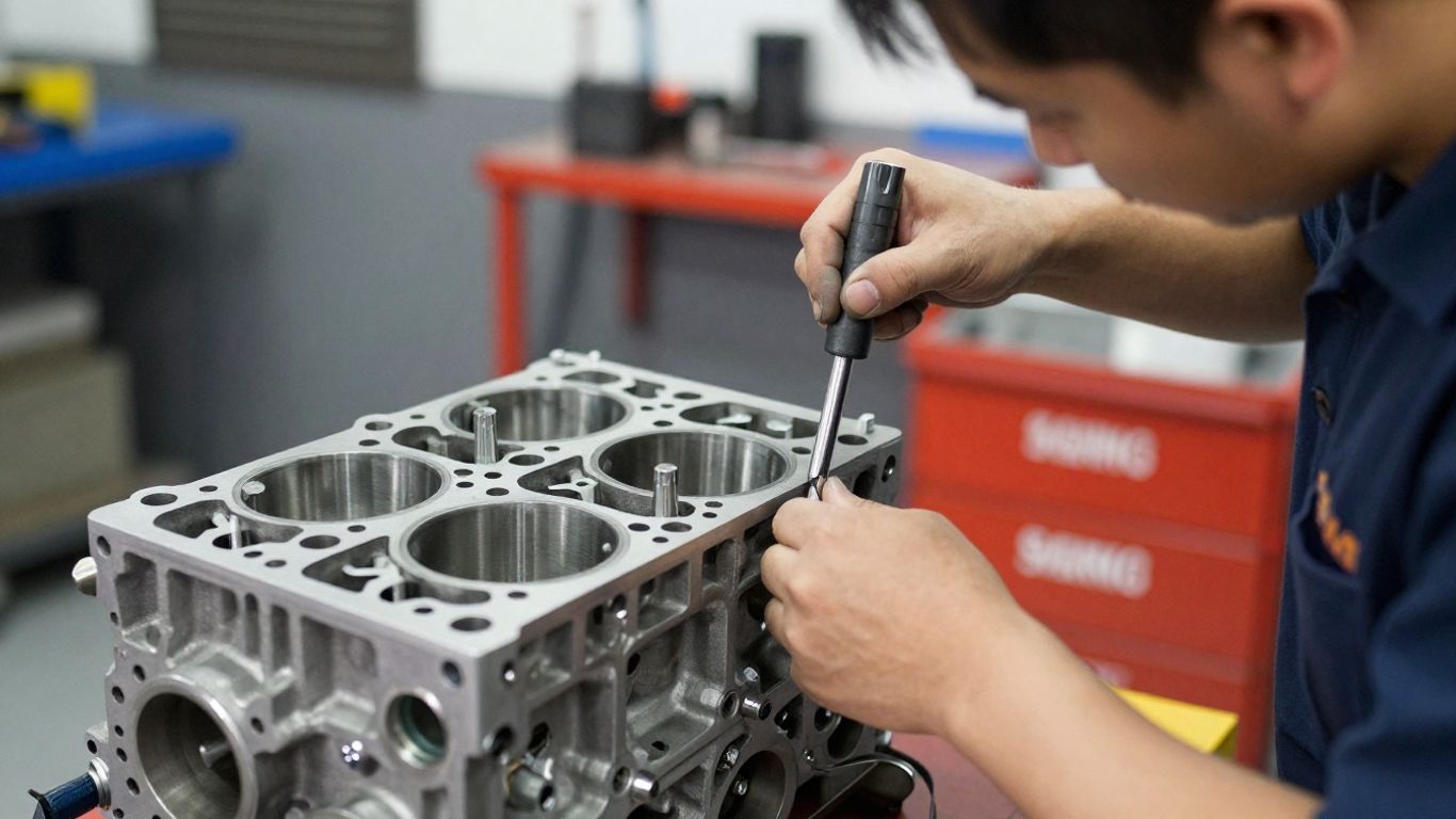 Mechanic inspects custom engine parts