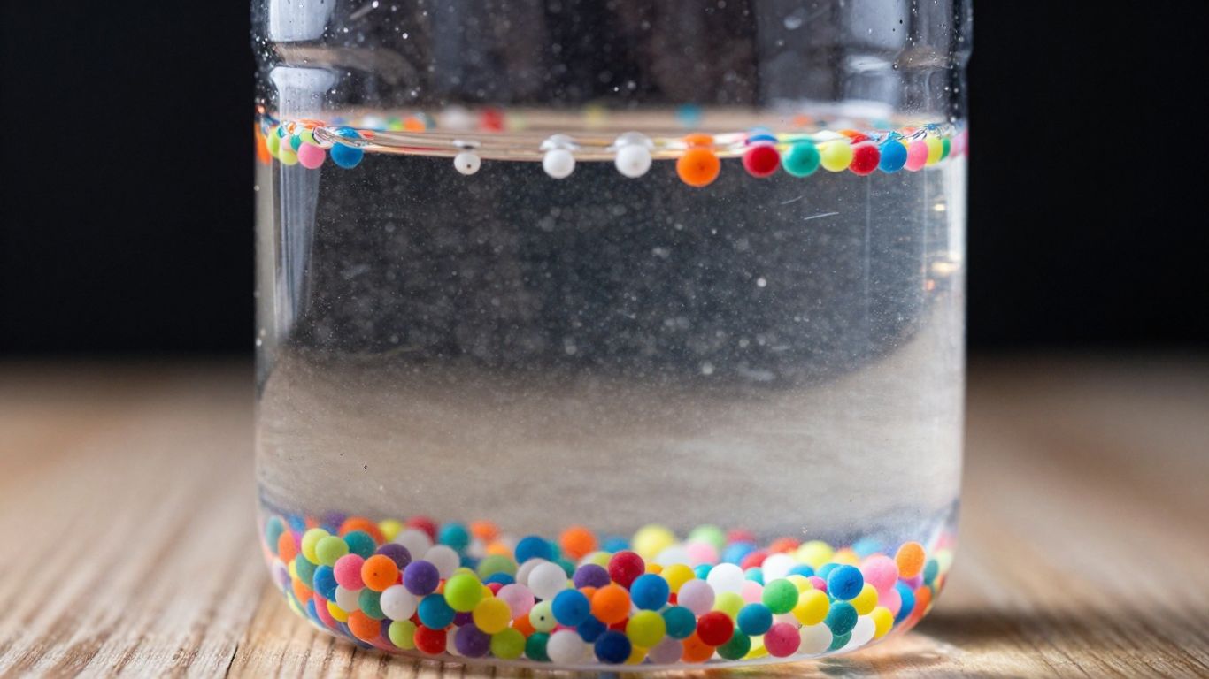 Microplastics floating in bottled water.