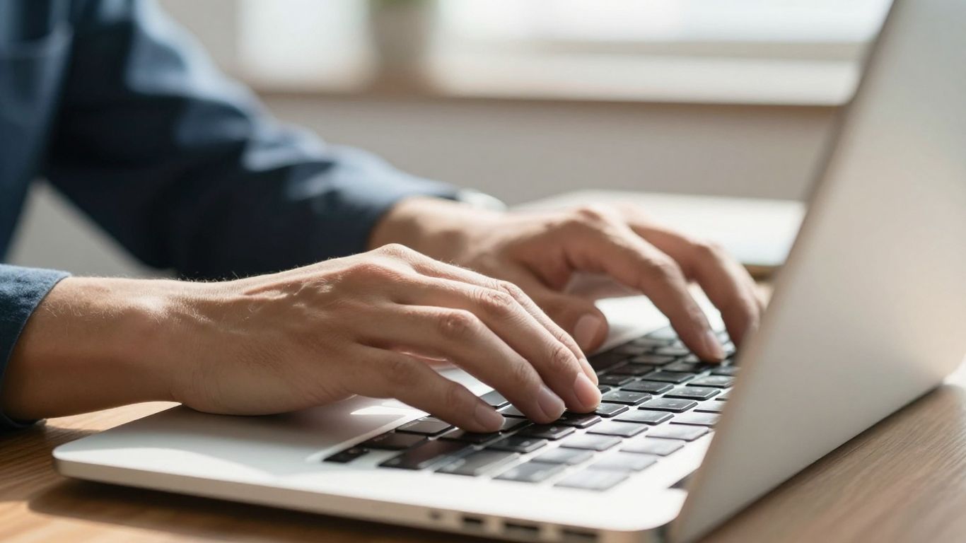 Ruce píšící na moderním notebooku v kanceláři.