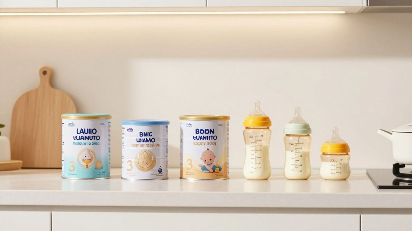 Latas de fórmula para bebés y biberones en una cocina.