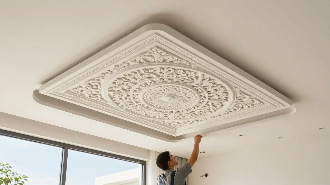 Contractor installing custom ceiling design in Thailand.