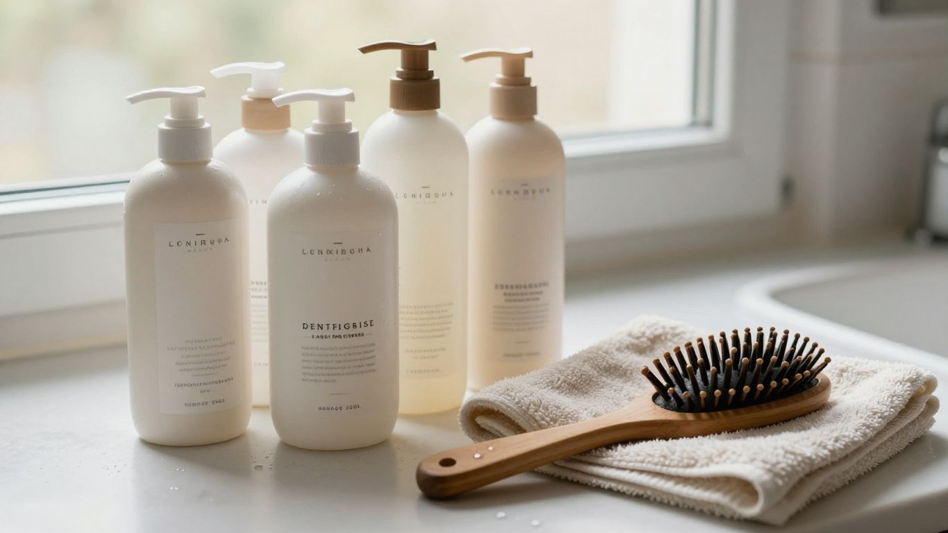 Frascos de shampoo ao lado de uma toalha clara