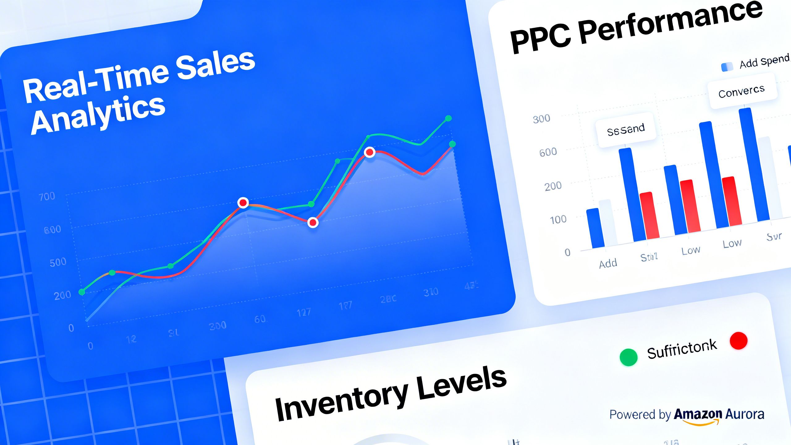 An eCommerce dashboard displaying real-time sales analytics, PPC performance, and inventory levels, powered by a fast database like Amazon Aurora