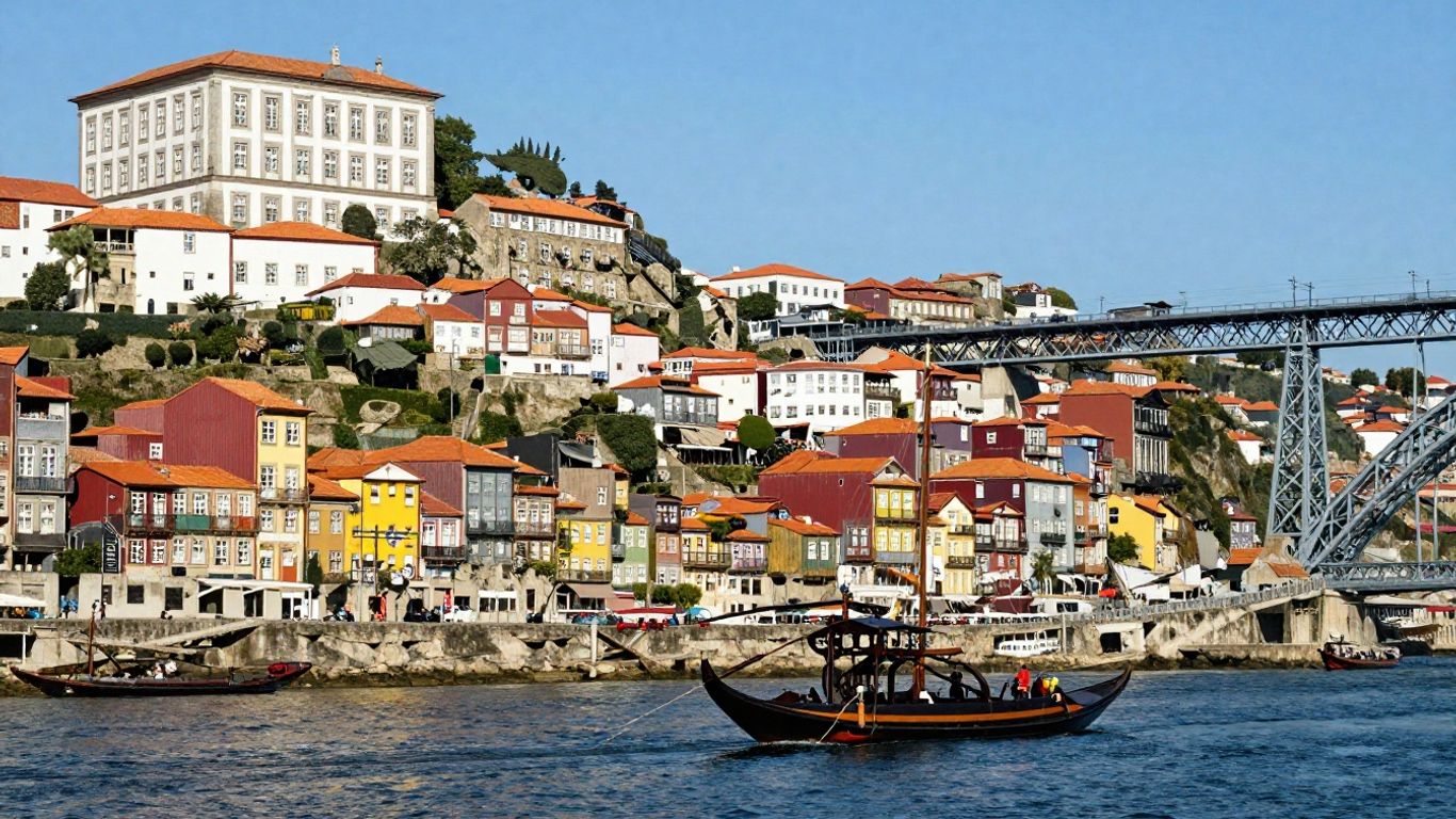 Porto, Portugal cityscape with colorful buildings and river.