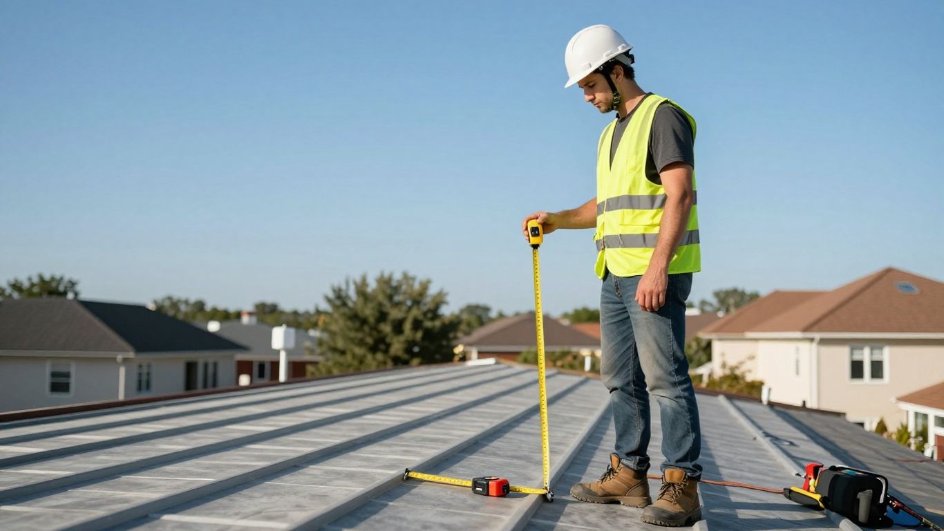 Roofer on a sunny roof with tools.