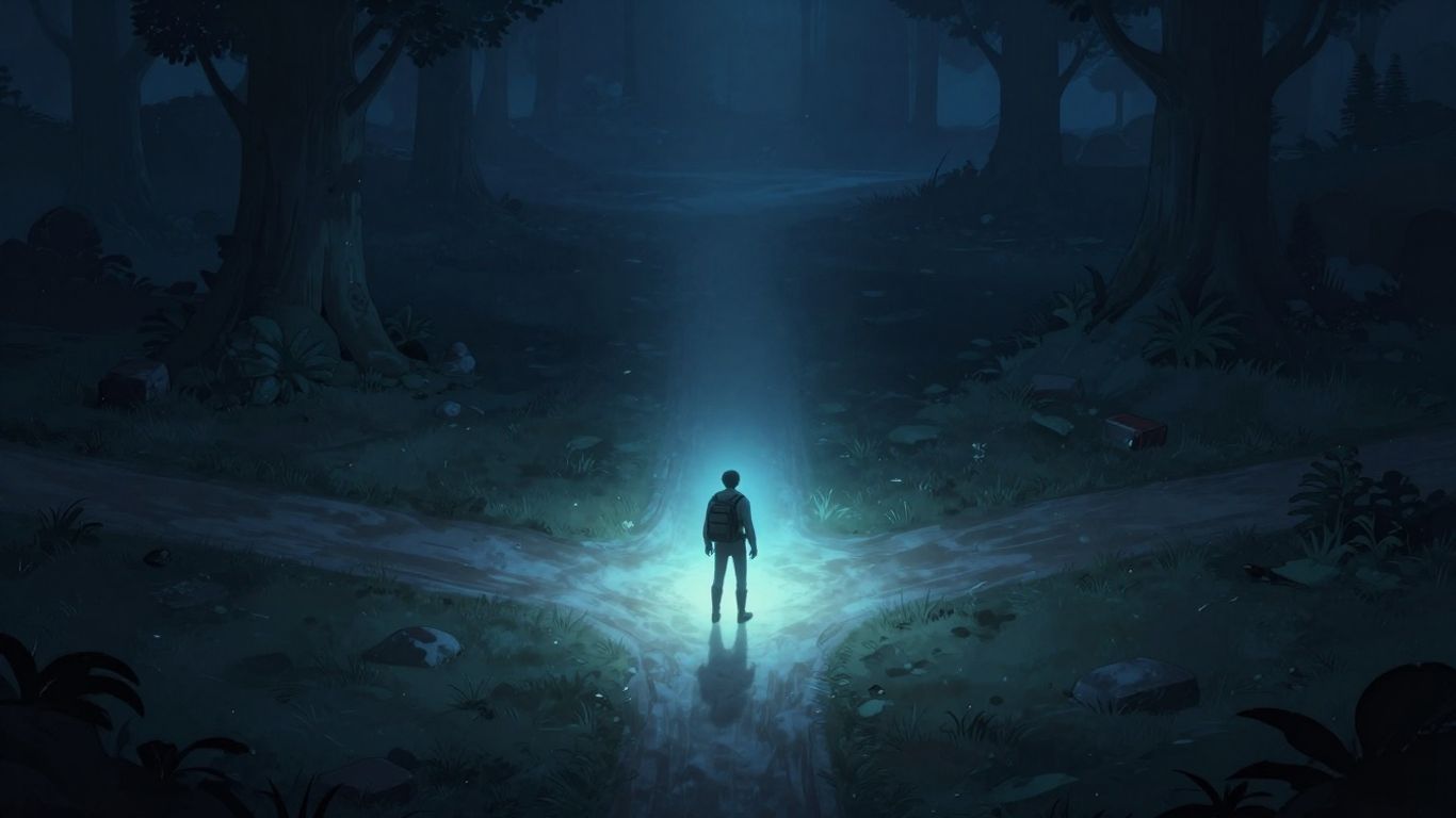 Adventurer choosing between a path of light and shadow.