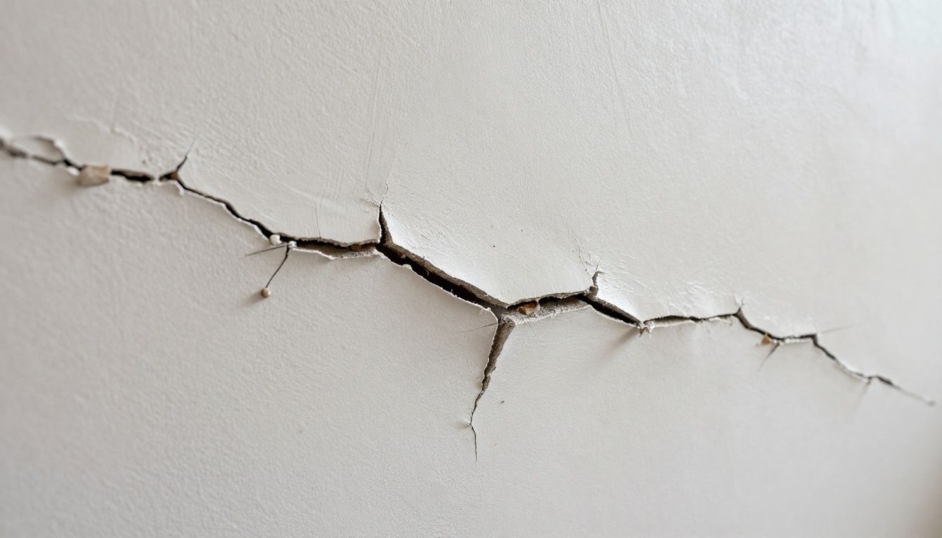 Close-up shot showing the difference between a cracked, 'blown' plaster wall and a smooth, newly skimmed wall.