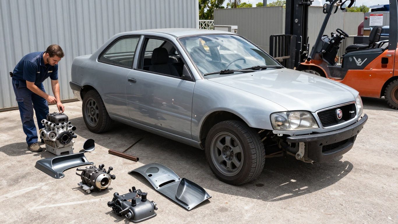 Darwin Fiat wreckers with car parts and mechanic.