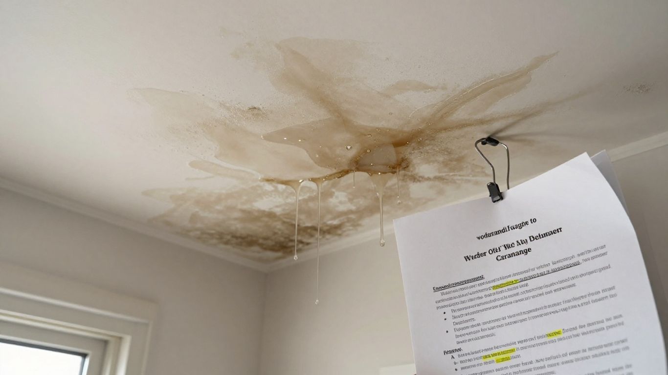 Homeowner checking water damage and insurance policy.