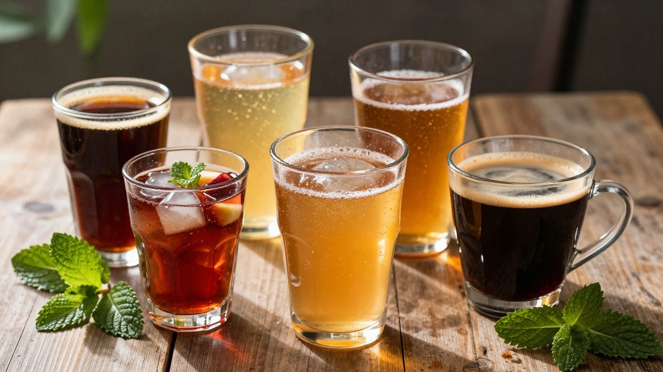 Assortment of colorful French drinks on a wooden table.