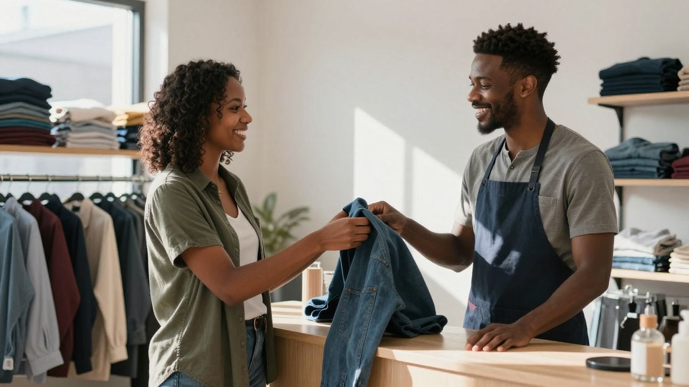 Local dry cleaner service with happy customer and staff.