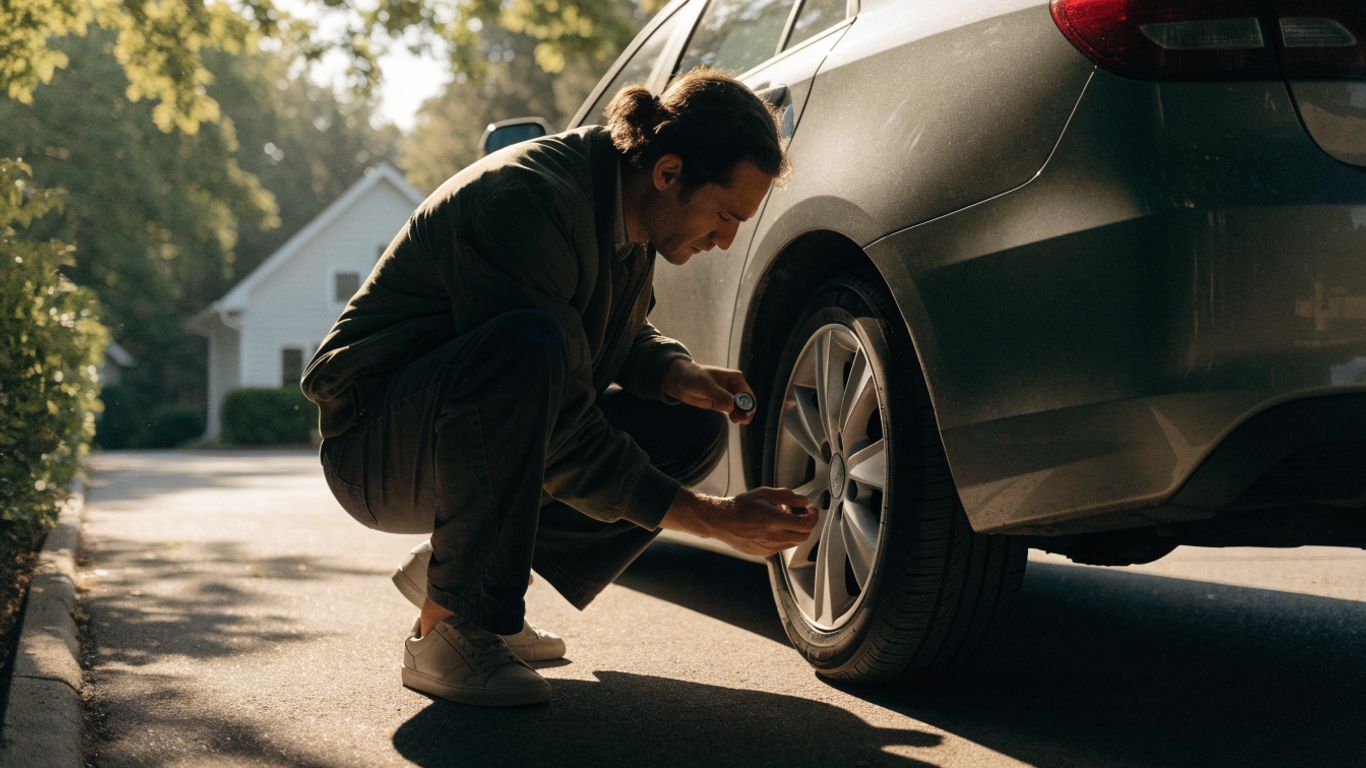 Driver checking tires and lights before a journey