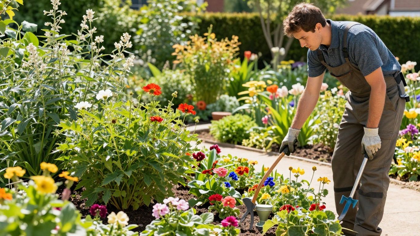 Landscaper in a lush garden preparing for peak season.