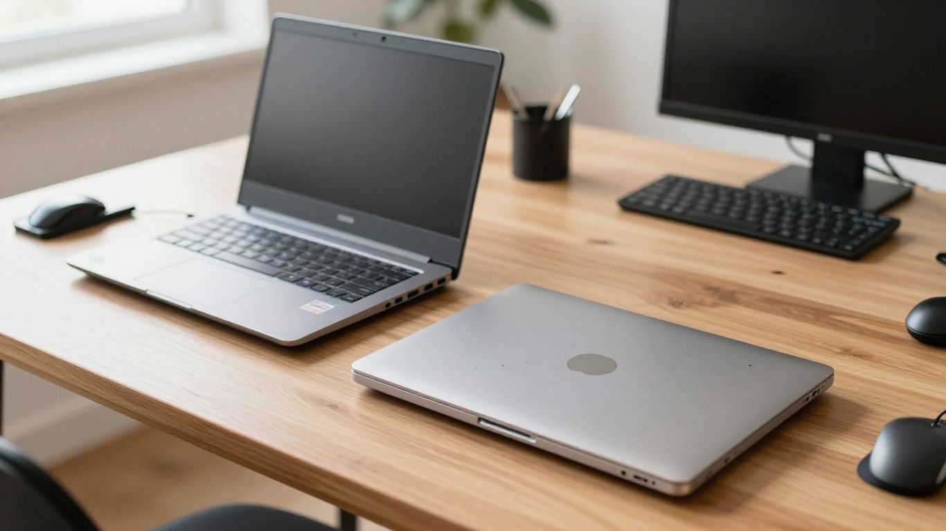 Zwei Laptops, einer gebraucht, einer refurbished, auf Tisch.