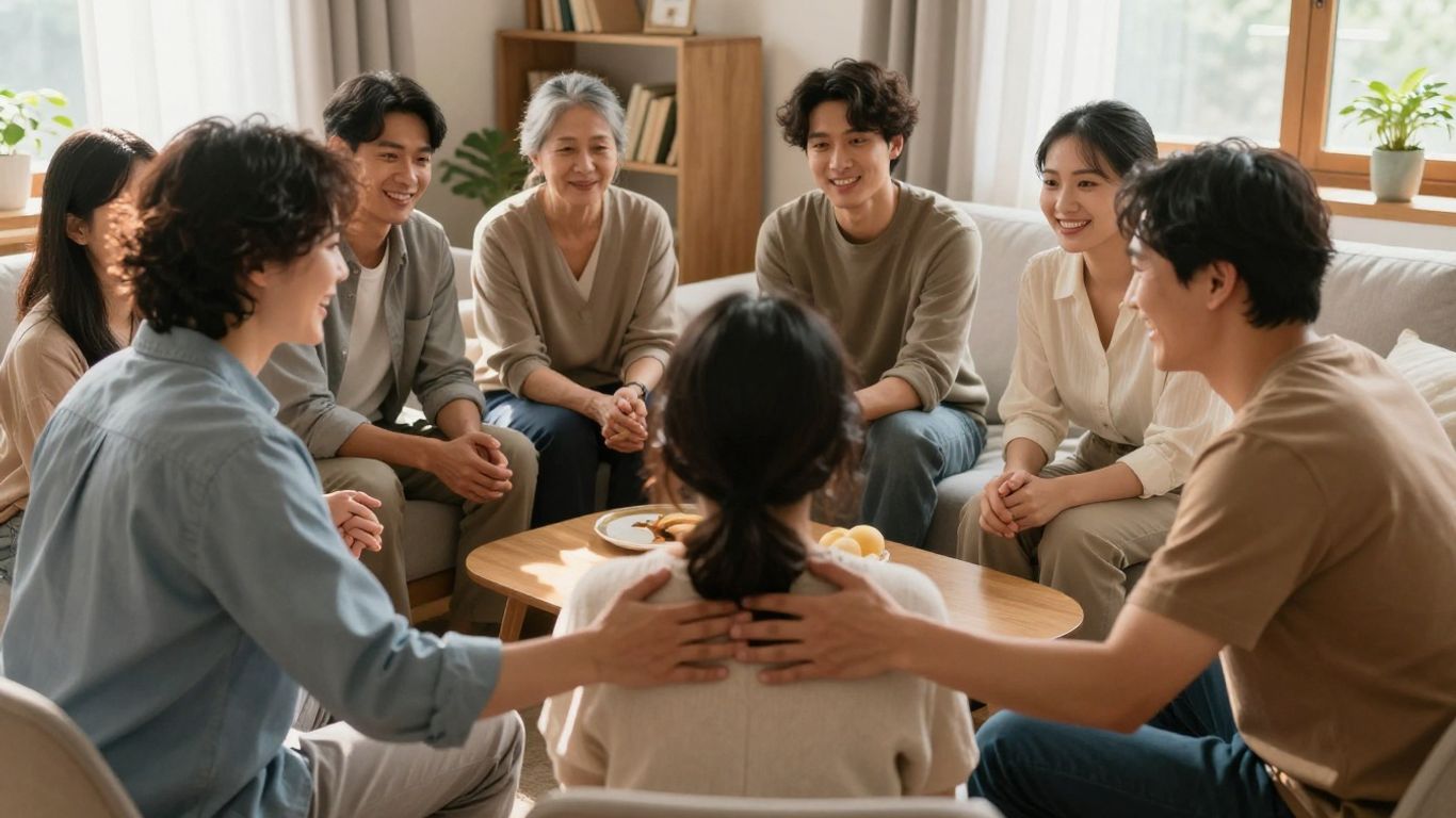 Family members supporting a patient during rehabilitation.