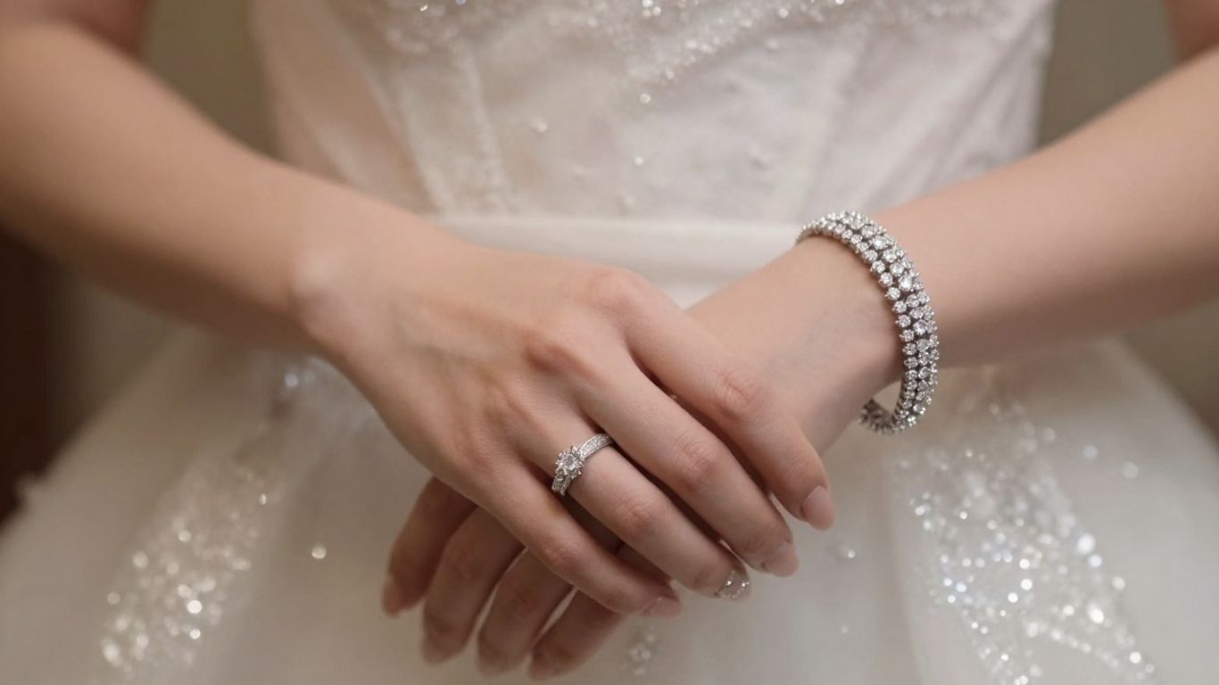 Bride's hands with diamond rings and bracelet.