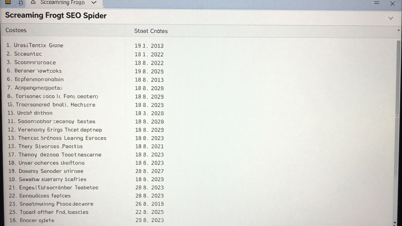 Screaming Frog SEO Spider software interface showing website crawl data.
