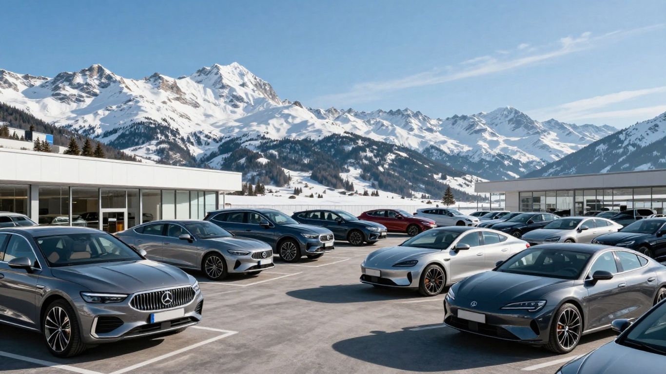 Autohändler mit Autos und Schweizer Alpen im Hintergrund