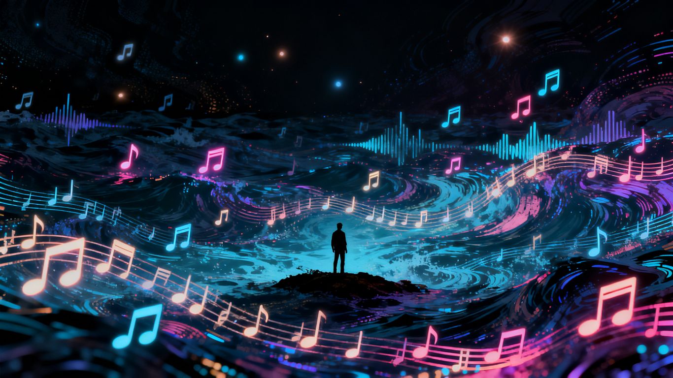 Overwhelmed listener surrounded by AI-generated music waves.