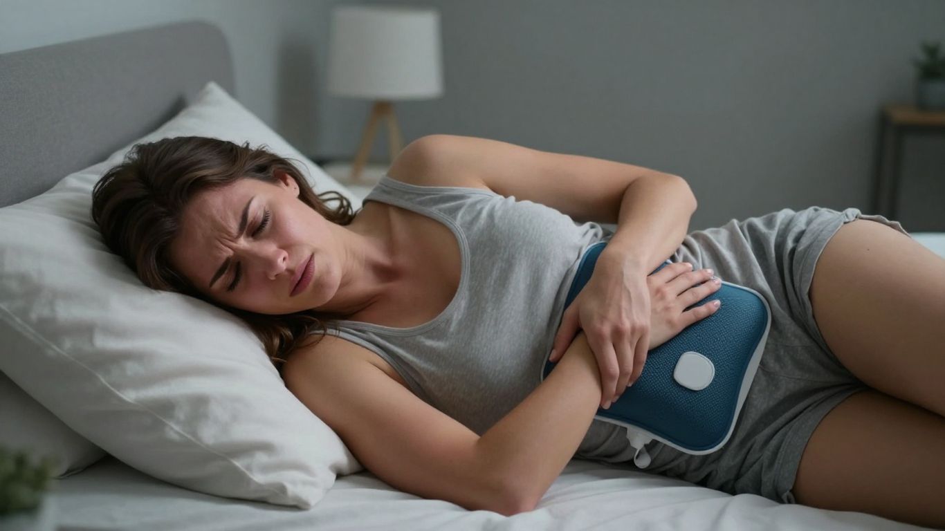Mulher com cólica forte segurando a barriga