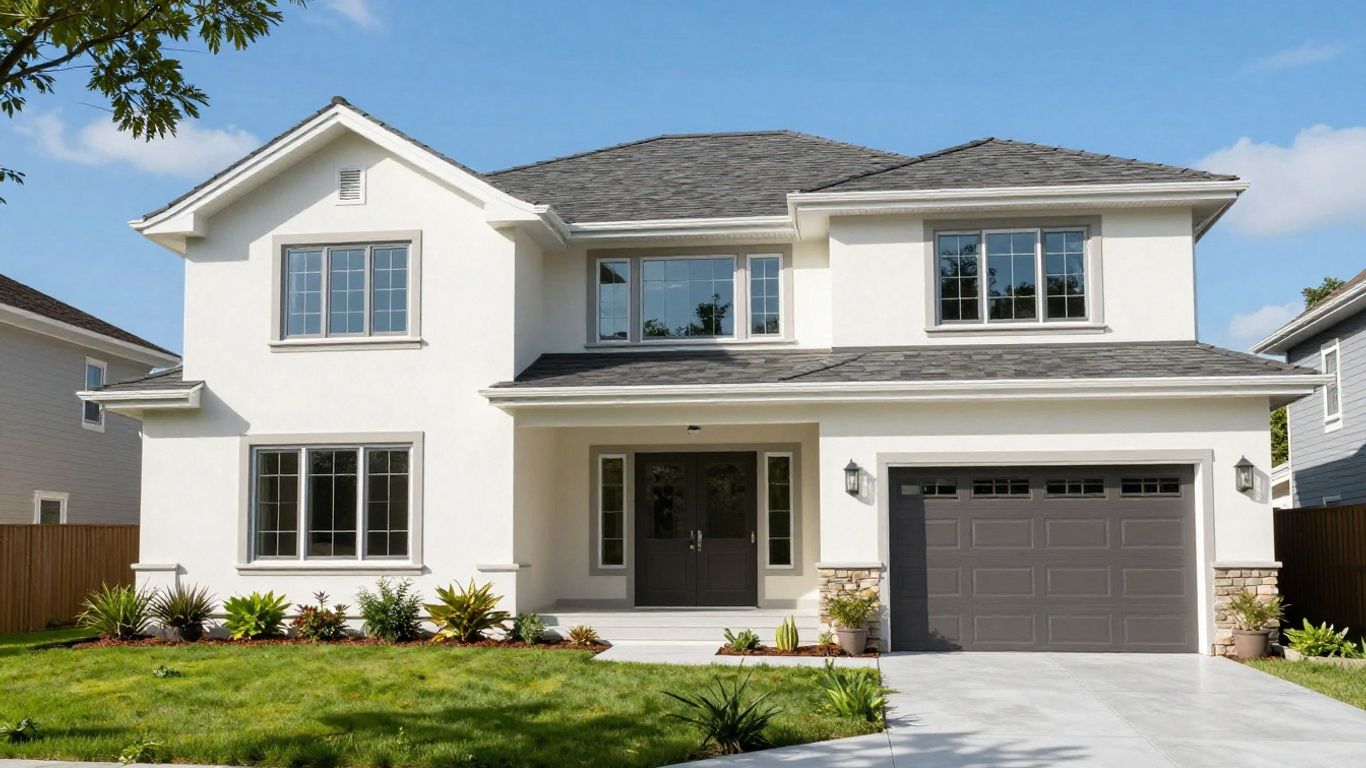 Casa moderna con jardín y cielo azul.