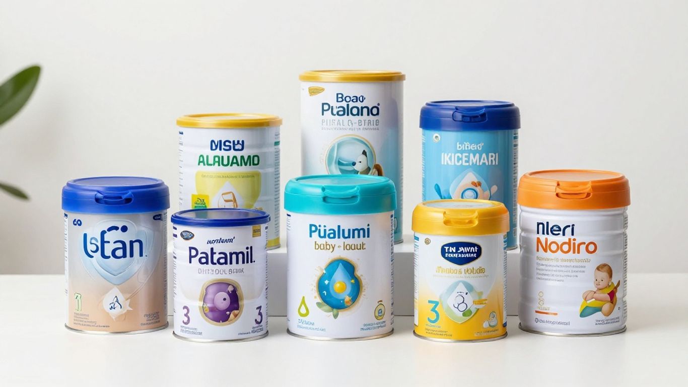 Latas de leche artificial para bebés de varias marcas.