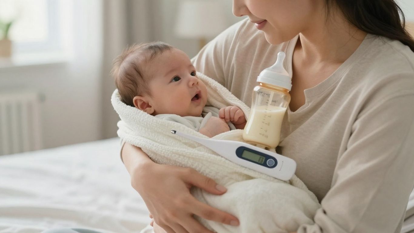 Cuidador ofreciendo leche a bebé descansado